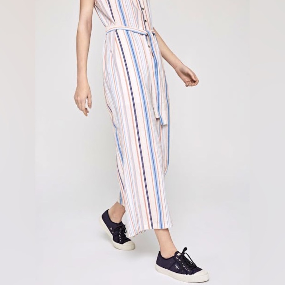 Pepe Jeans Querina Linen Blend Striped Wide Leg Jumpsuit XS Boho Coastal Summer - Picture 9 of 13
